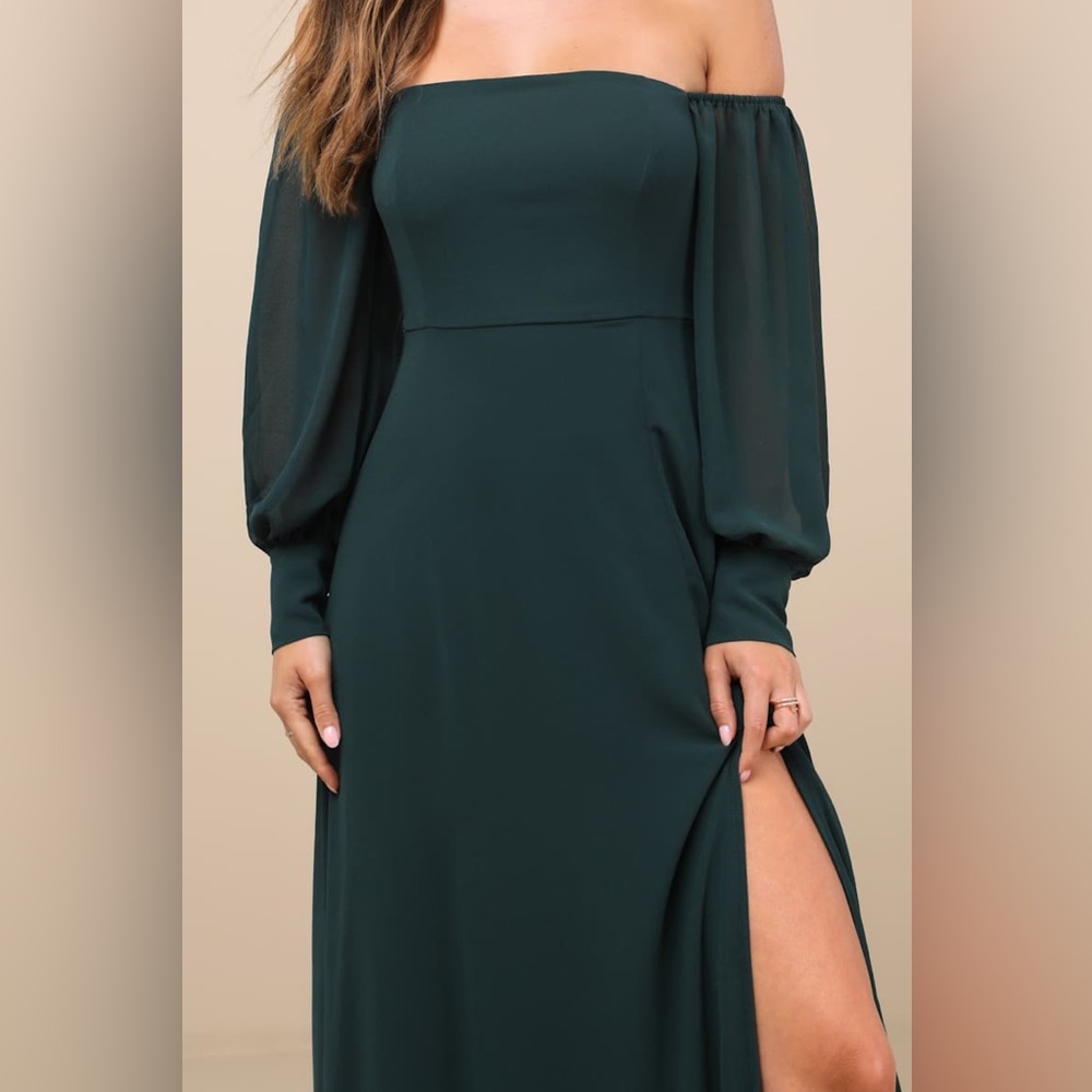 Lulu's Elegant Off-Shoulder Long Sleeve Dress in Dark Green - Picture 9 of 14